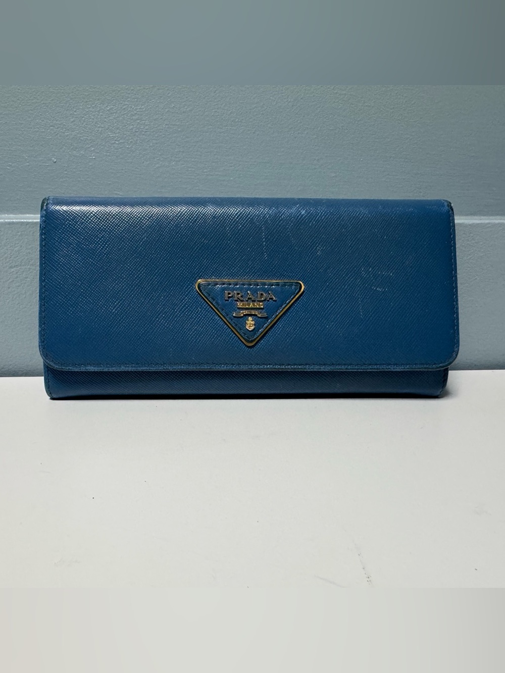 Prada Saffiano Triangular Logo Wallet - Blue